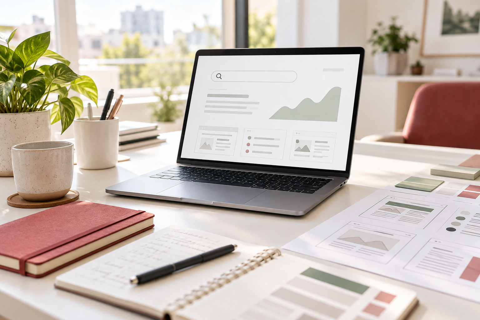 Illustrative SEO planning workspace with a laptop and a growth chart